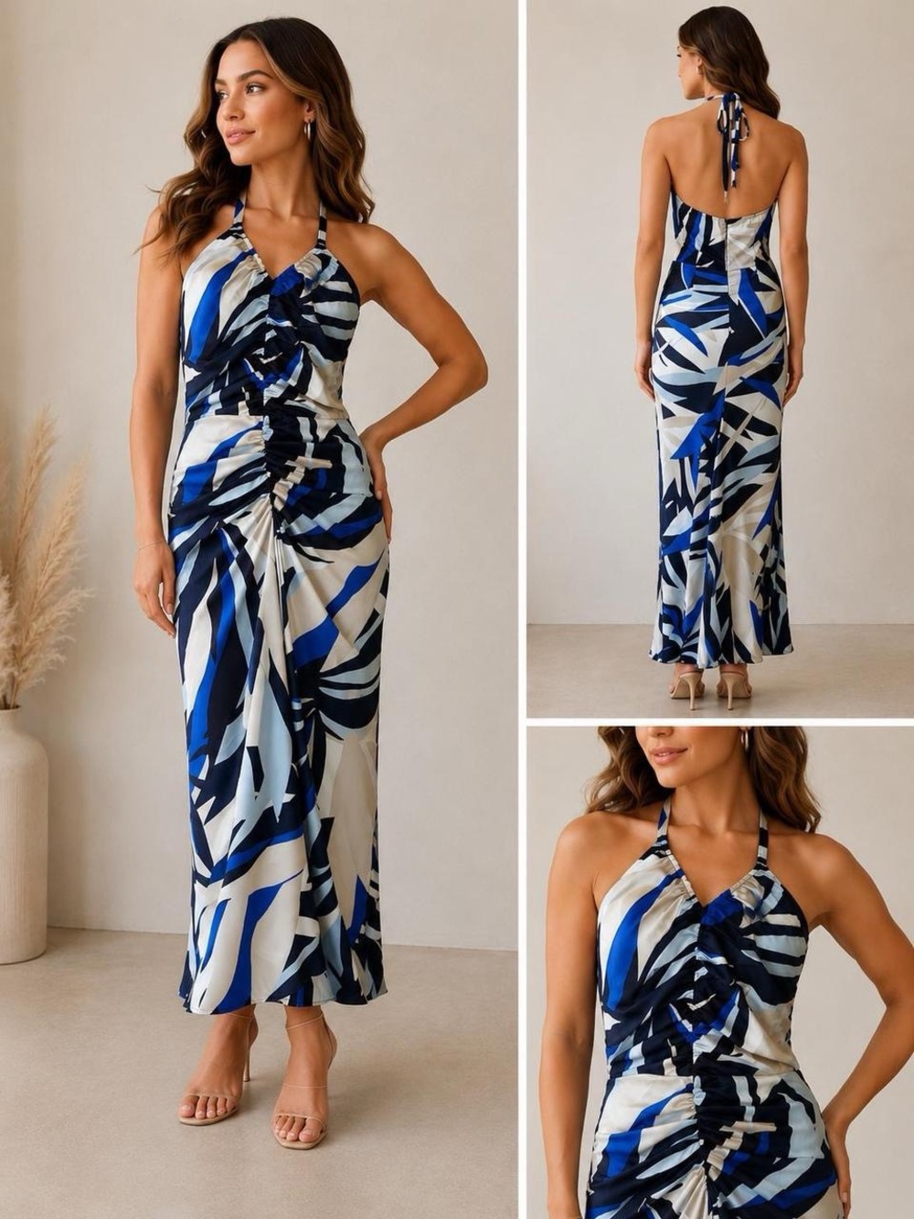 White House Black Market Blue and White Abstract Halter Maxi Dress